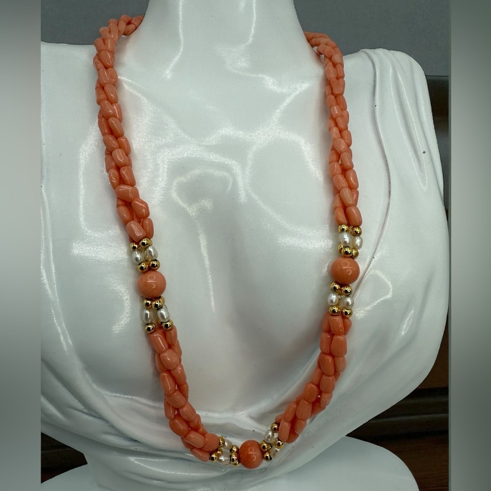 Vintage Angel Skin Coral & Freshwater Pearl 18” 3 Strand Twist Bead Gold Accents - Picture 3 of 17